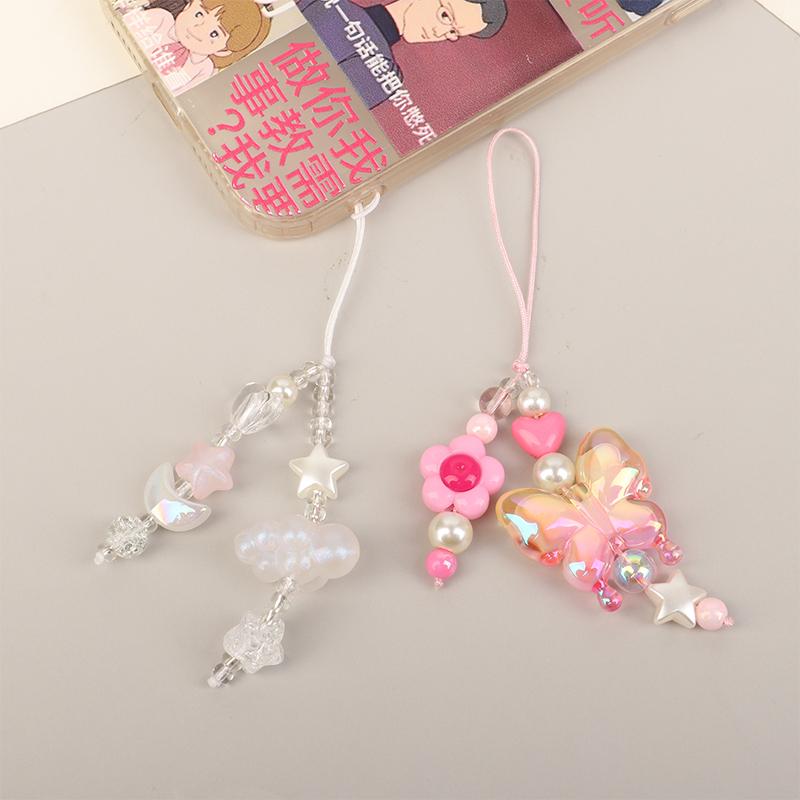 Clear Bead White Star Moon Cloud Cute Phone Charm Strap Keychain Cellphone Flower Lanyard Bag Earphone Camera Pendant