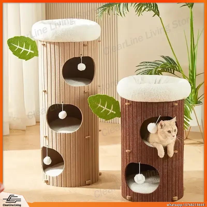 Multi-layer Felt Cat House Tree Stump Style Scratching Post Climbing Tower Play Center for Cats Indoor Pet Furniture Durable