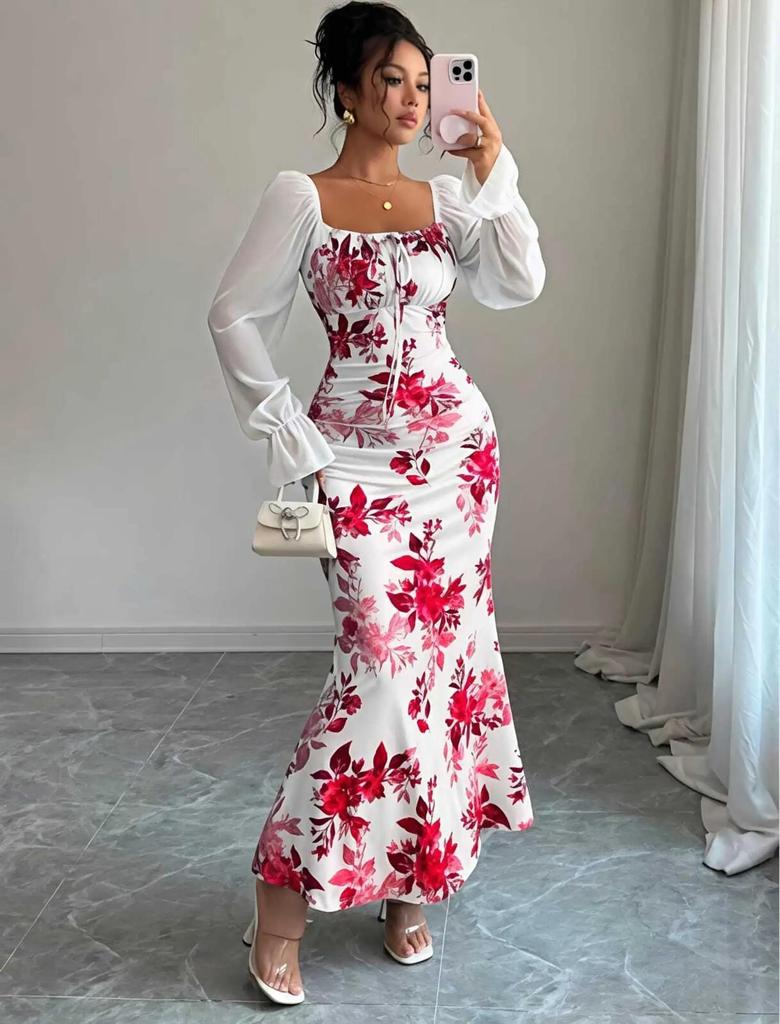 Women Fit and Flare White, Red Maxi/Full Length Dress
