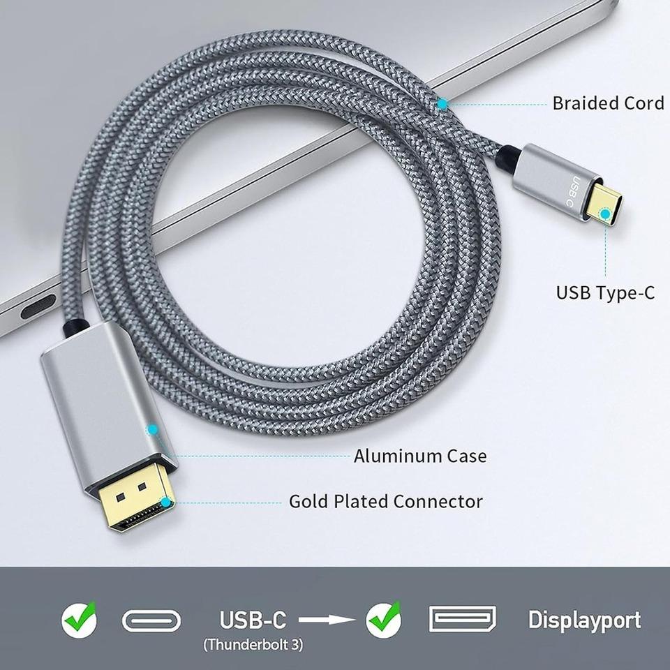 1.8M USB C To DisplayPort 1.4 Cable 32.4Gbps 8K@60Hz 4K@144Hz Type C To DP1.4 Adapter Thunderbolt 4/3 Compatible for MacBook
