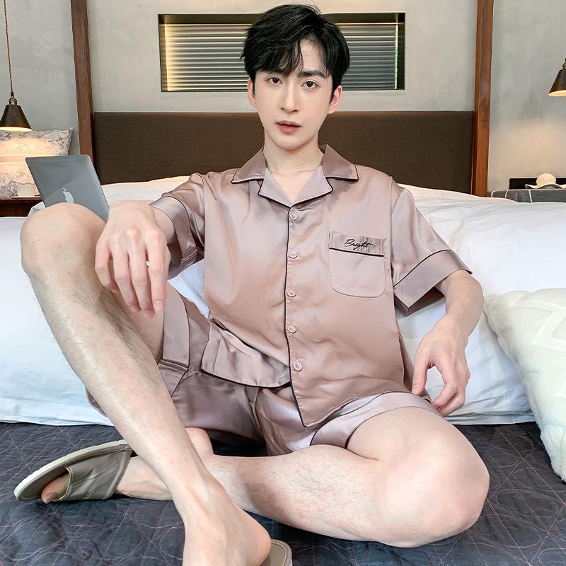 

Men s Ice Silk Pajama Set: Short-Sleeved Lapel Cardigan with Shorts for Casual Wear or Home Lounge. 3XL