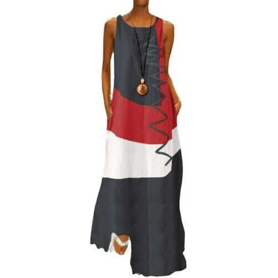 New Women's Retro V-Neck Sleeveless Printed Summer Dress with Pockets, Style 9333