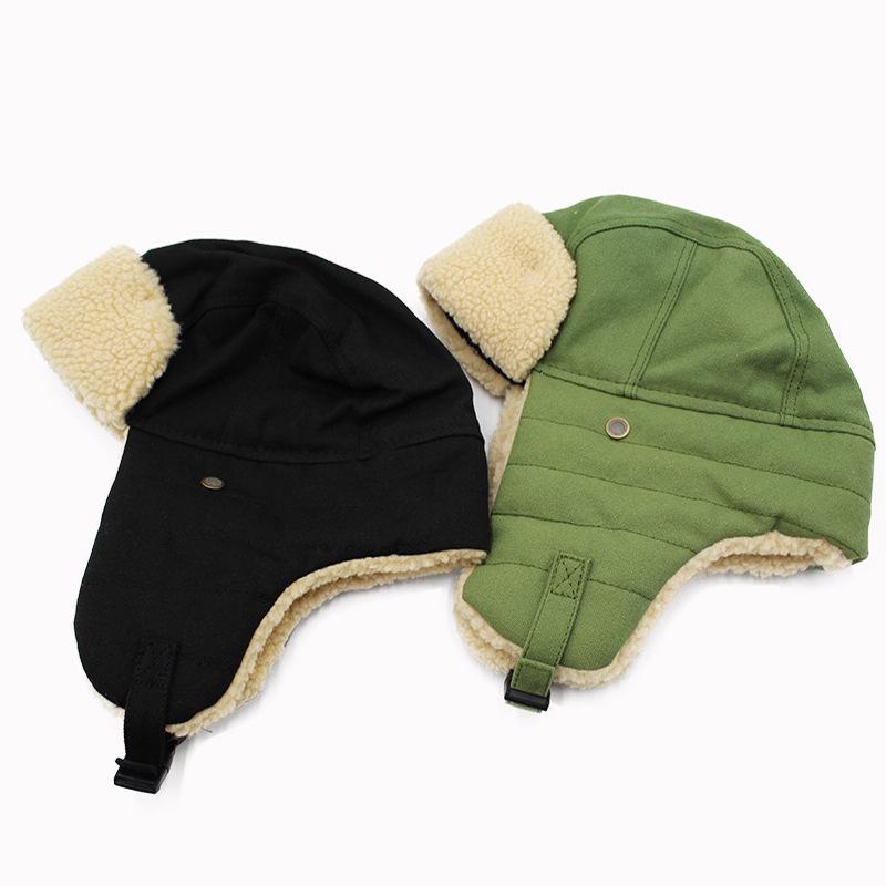 Retro Lamb Wool Canvas Lei Feng Hat with Ear Protection, Velvet-lined, Solid Color, Thickened for Warmth