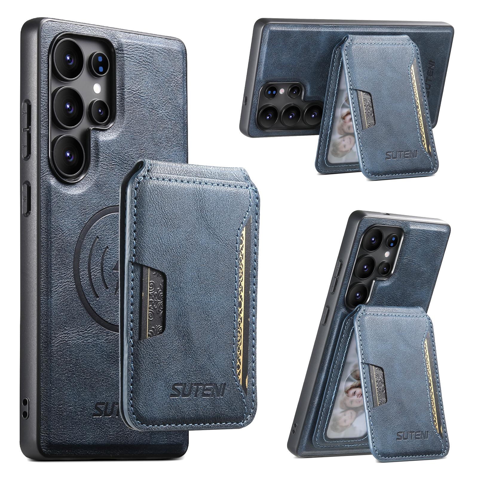 

For Samsung Galaxy S23 Ultra Magnetic Case Cowhide Texture Leather Back Cover with Card Bag Kickstand Blue