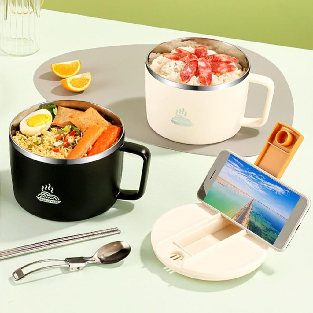 304 Stainless Steel Noodle Bowl Set,Microwave Safe,Ramen Bowl with Chopsticks and Spork,Portable Soup Bowl,Ramen Cooker Bowl with Lid for Office Home