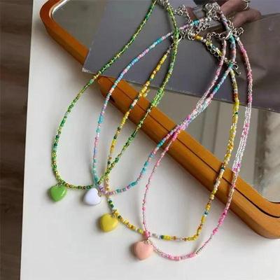 Candy Color Heart Beaded Necklace Sweet Romantic Pink Heart Pendant Earrings Freshwater Pearl Contrast Earring Korean Design