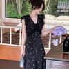 Black Lace Splicing Floral Dress, Summer Vacation French Style, Unique Temperament, Beautiful Oblique Cut Waist Pinch Dress