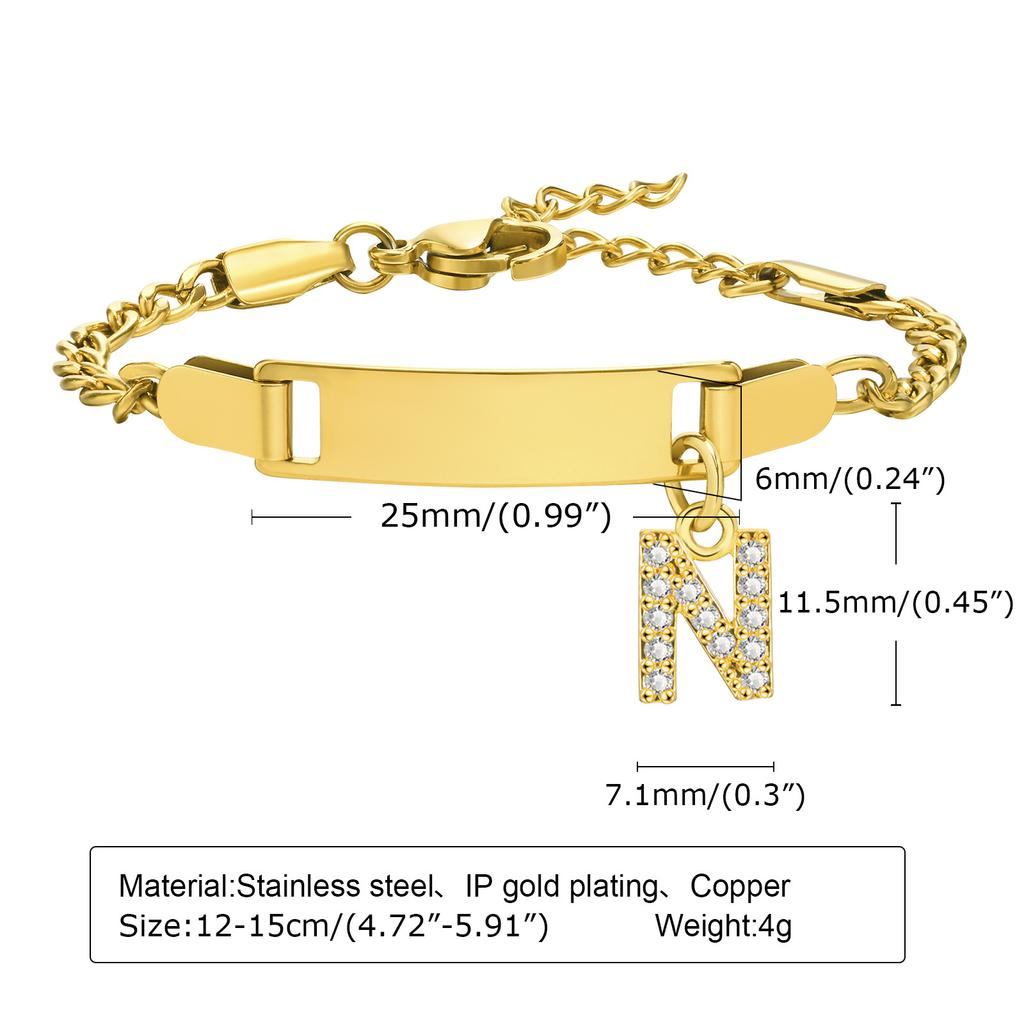 Personalized Initial Letter Stainless Steel Bracelet Custom Engraved Name Bar 18K Gold Plated Waterproof Jewelry for Kid Women