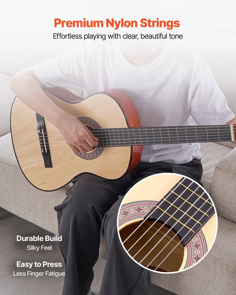 Classical Guitar, 960 mm, Wood Classical Guitar Starter Kit for Beginners, with Nylon Strings, Gig Bag, Strap, Tuner, Extra Strings, Picks, Capo,