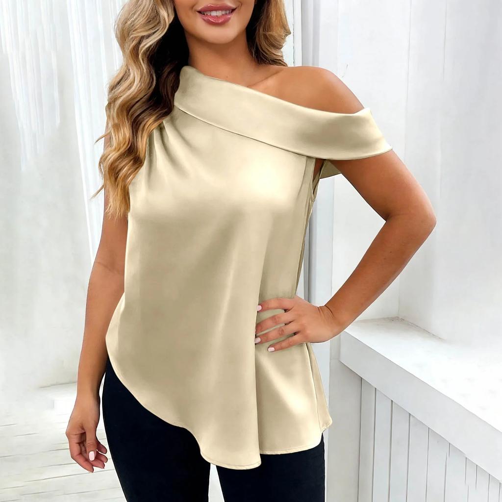 Women’s Fashionable Casual Plain Off-the-Shoulder Satin Sleeveless Asymmetrical Hem T-Shirt Top