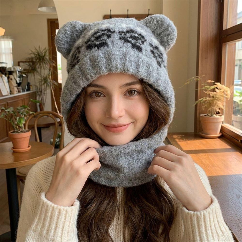 Slouchy Bear Ears Knit Hat Warm Plush Beanie Cap Soft Ear Protection Hat Cold Weather