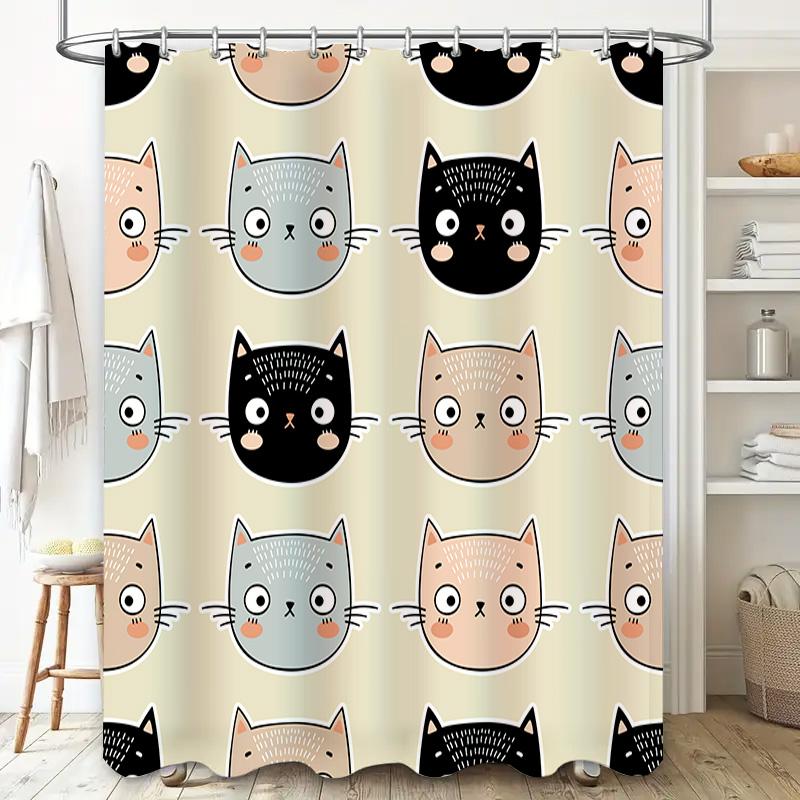 Cute Cat Shower Curtain Modern Bathroom Decor for Kids Room Black White Pink Blue Cartoon Pattern Print Waterproof Fabric with H