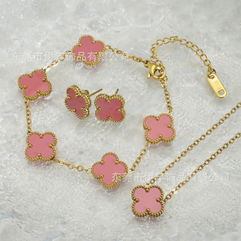 13mm Stainless Steel Clover Jewelry Set Necklace Bracelet Earrings Women Fashion Floral