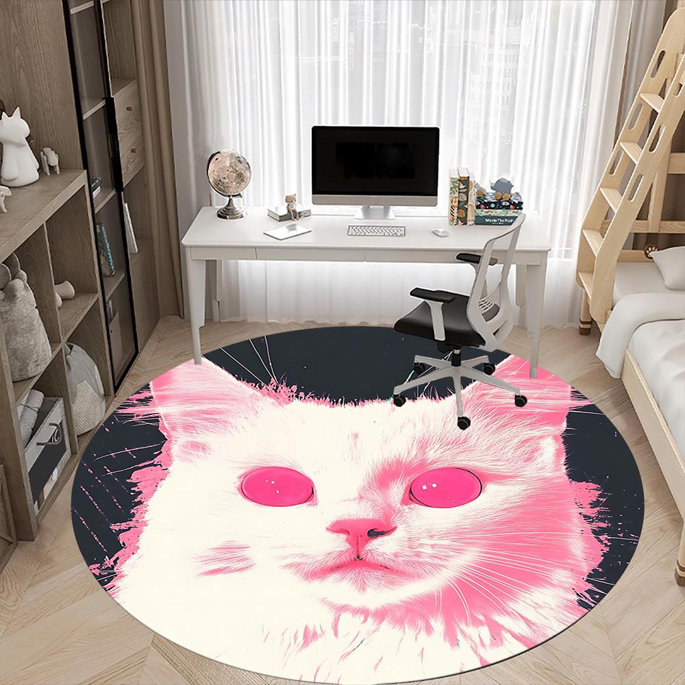 1pc Cat Pink Office Round Area Rug, Indoor Mat Suitable ForOffice, Under Office Chairs Bedroom Living Room Home Decor, Room Deco u02