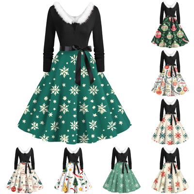 Women's Christmas Printed Long Sleeve V Neck Plus Size Evening Prom Dresses