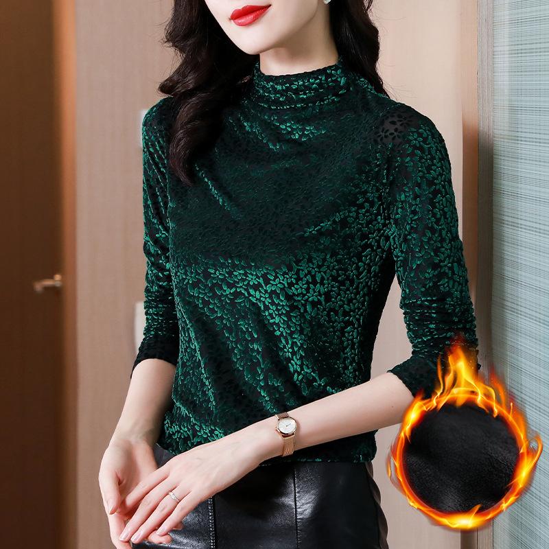 T-shirt Women's Long-sleeved Gold Velvet Top Spring New Half-turtleneck Plus Velvet Base Shirt