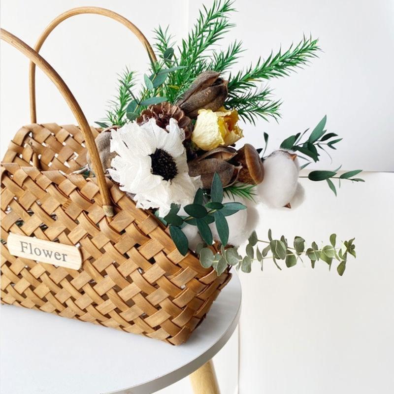 Hand-Woven Wood Flower Basket for Teacher's Day and Mother Day Online Celebrity Posing Props Portable Gift Basket