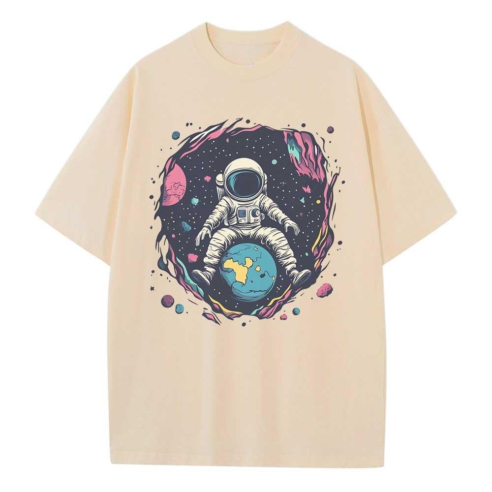 Loose T-Shirt Cotton Pattern T-Shirt Designer Clothing Space Earth Astronaut Drop Shoulder Vintage Neutral Top Versatile T-Shirt