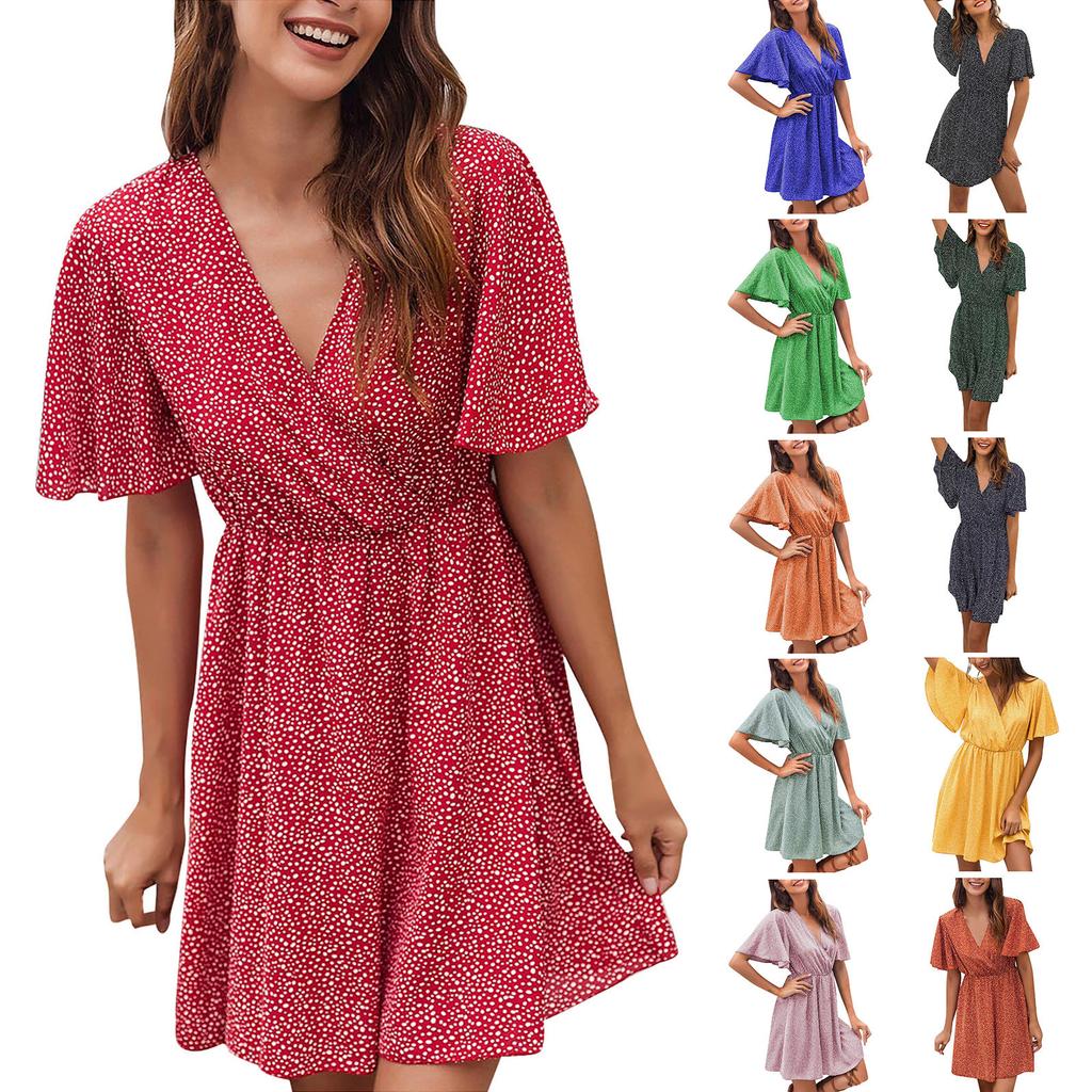 Women's Summer 2022 Ruffle Short Sleeve V Neck Print A Line Mini Dress