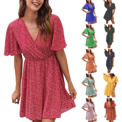 Women's Summer 2022 Ruffle Short Sleeve V Neck Print A Line Mini Dress