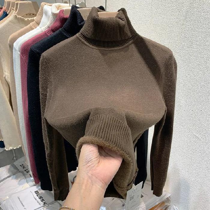 New Sweater Women's Knitted Undercoat Women's One Woolen Coat Women's Autumn and Winter Plus Wool Thick Turtleneck Pullover