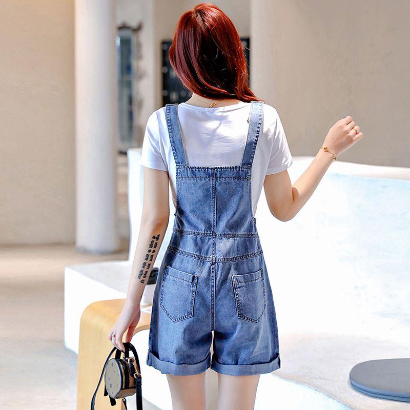 Korean Denim Suspenders Shorts Women's Overalls Retro Jeans Loose Students Casual Pocket Embroidery Braces Pants Ladies Summer