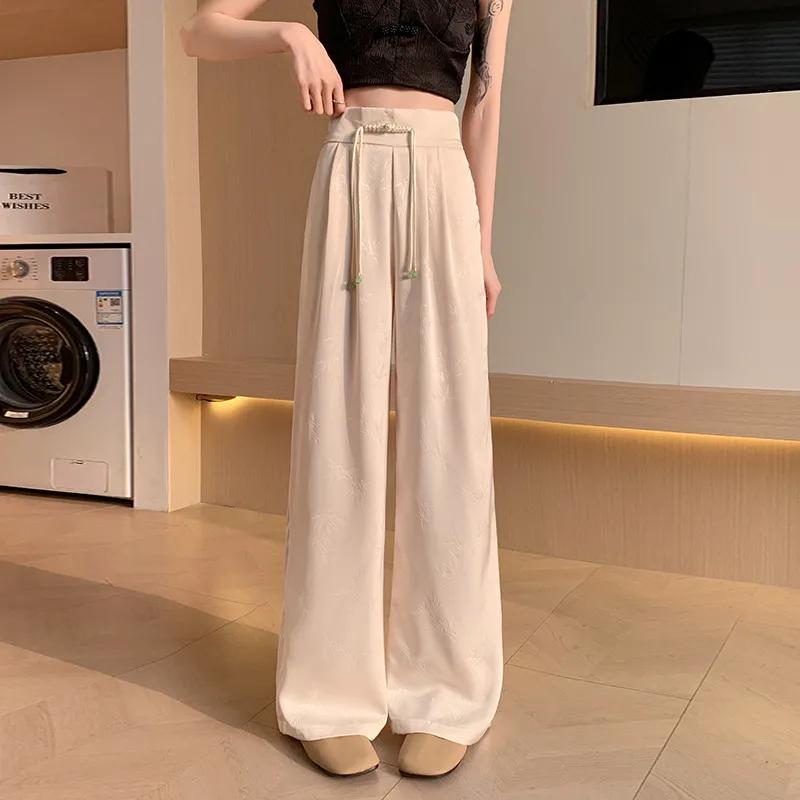 Jacquard Chinese Style Panels Summer Ice Silk High Waist Wide Leg Drape Floor Straight Long Pants