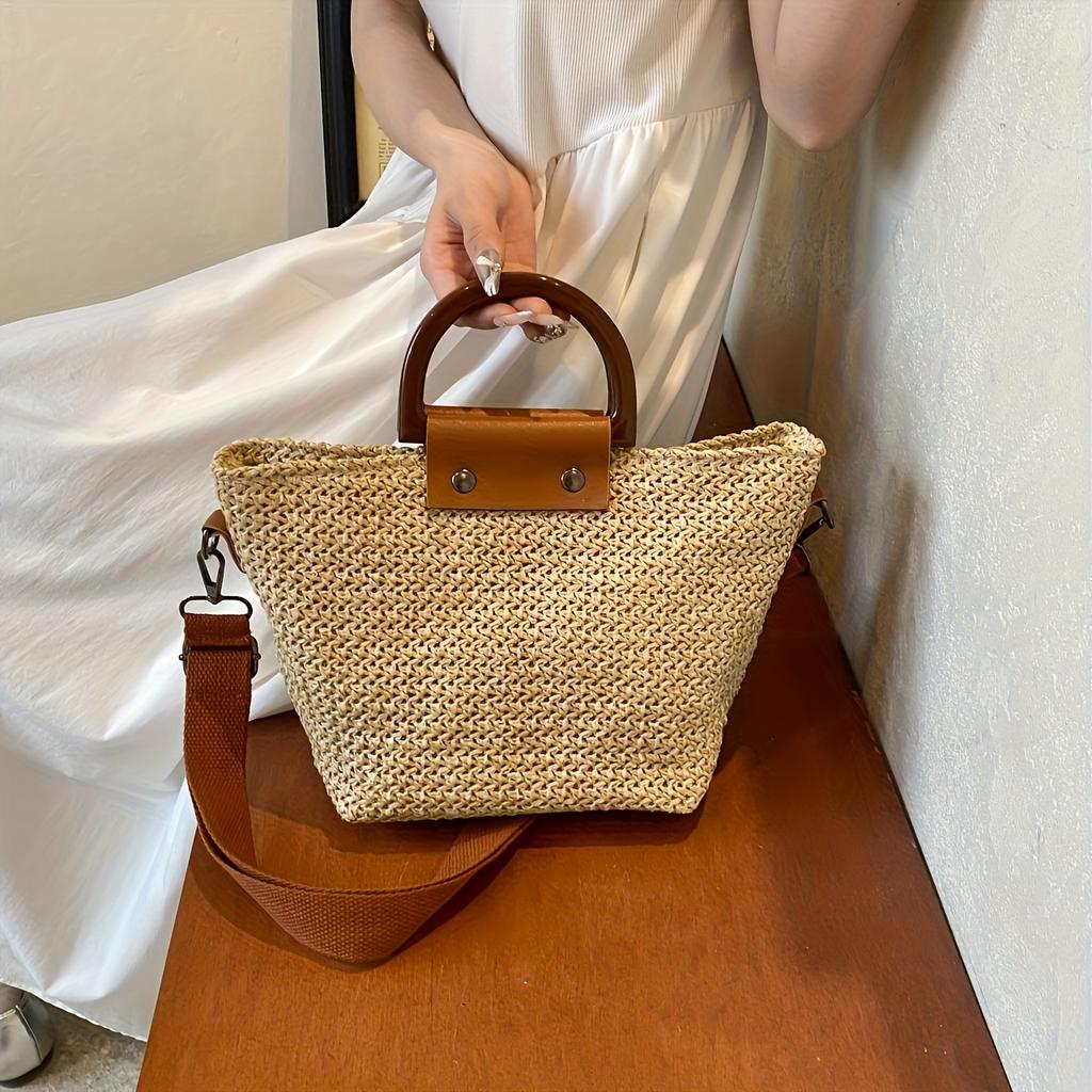Elegant Women'S Boho Chic Woven Shoulder Bag Rattan-Style Handbag with Fixed Strap, Zip Closure & Polyester Lining for Beach, Travel & Casual Use