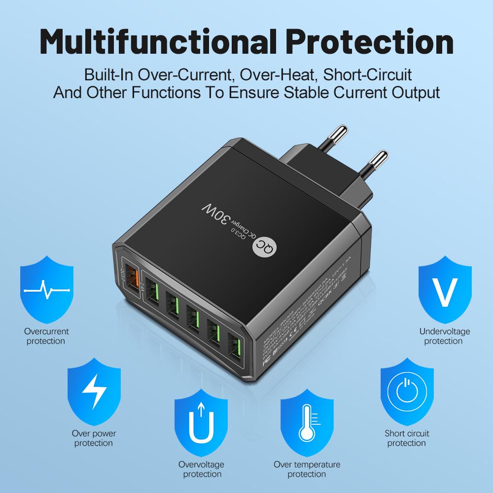 30W 6-Port QC3.0 Fast Charger with EU, US, UK, and Korean Plugs