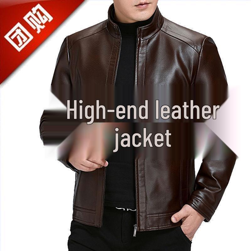 Haining Men's Real Leather Jacket - Middle-Aged and Elderly Spring Autumn Business Casual Fleece-Lined Coat