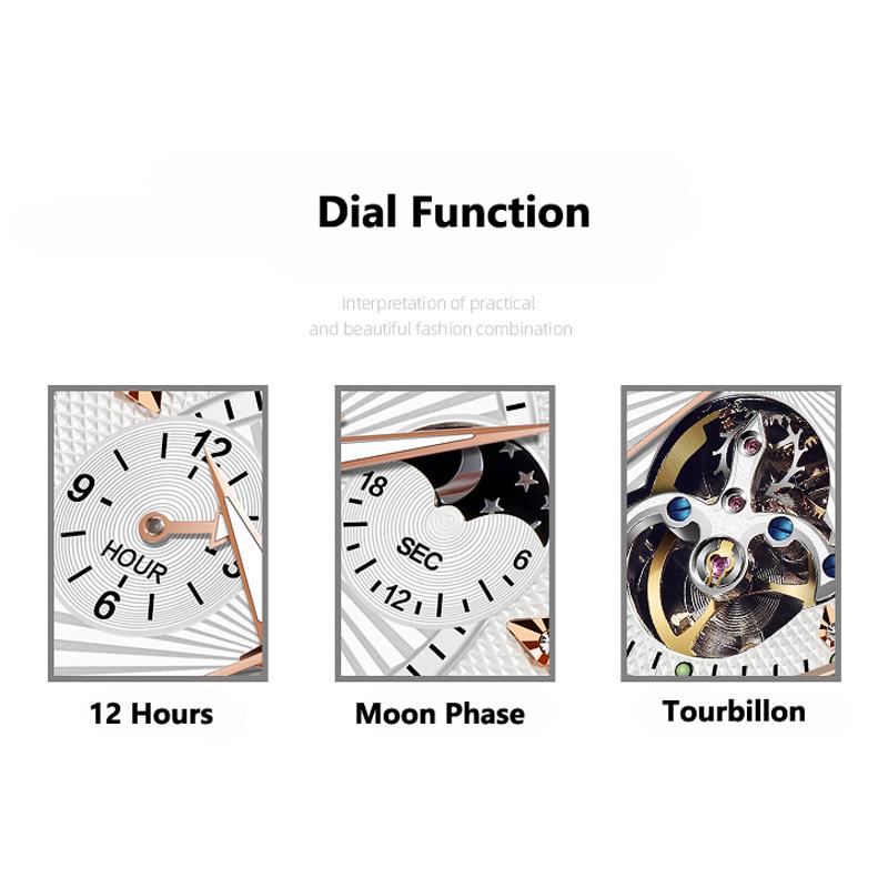 Men Watch Automatic Mechanical Watch Large Dial Luminous Hands Moon Phase Waterproof Tourbillon Skeleton Watches Man Reloj