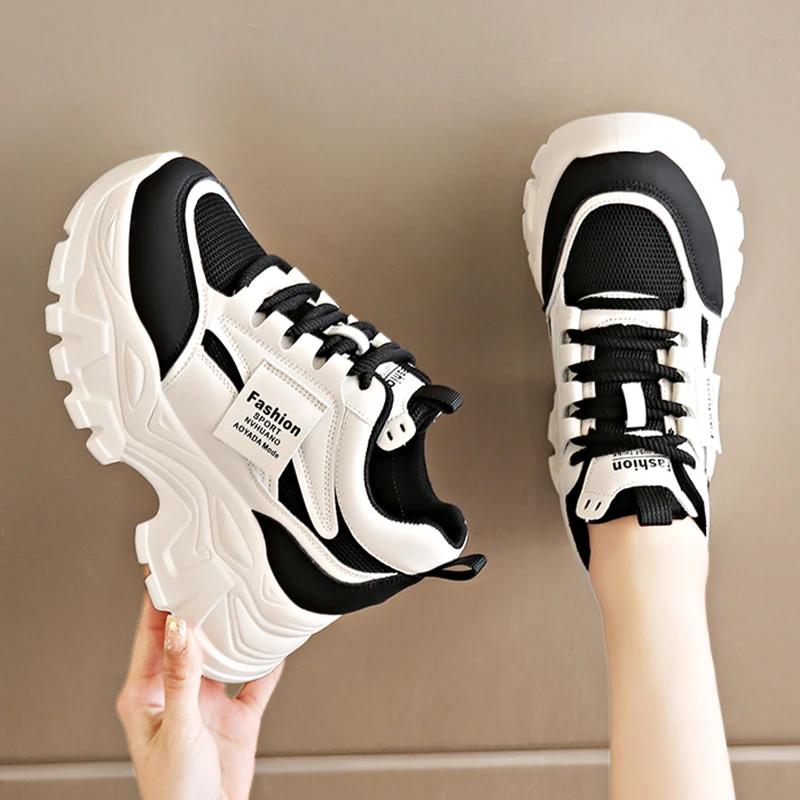 Fashion Lace Up Chunky Sneakers for Women Comfort Breathable Platform Sports Shoes Woman Pu Leather Thick Bottom Running Shoes