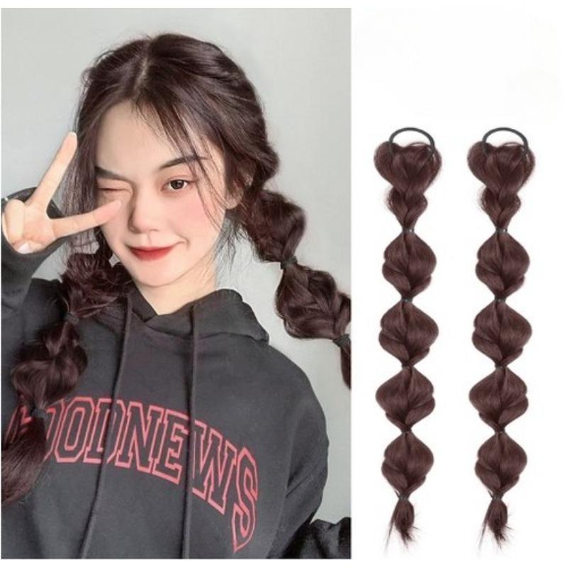 2 Pcs/set Synthetic Bubble Twist Ponytail High Elastic Wig Women Hair Side Natural Lantern Wig Braid Black Tail Hairpiece