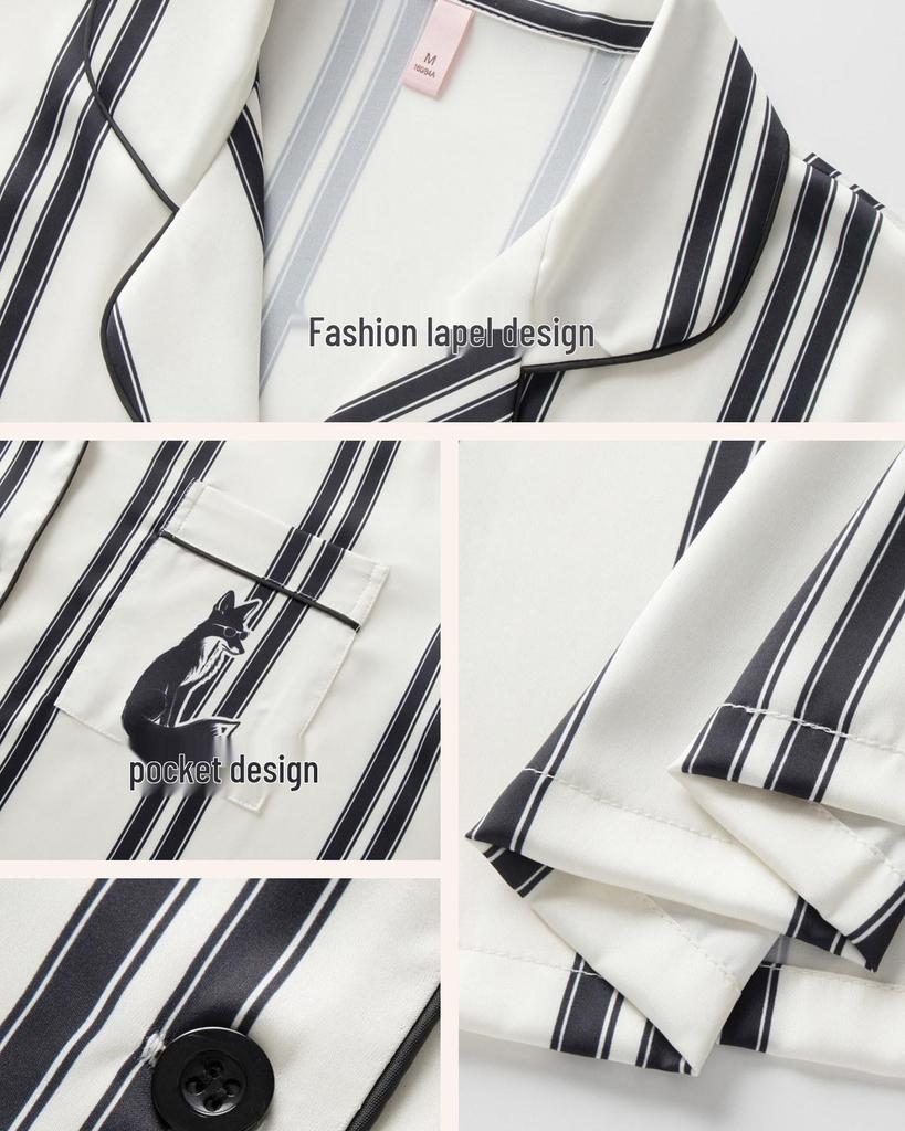 Women's Striped Thin Ice Silk Pajama Set, Long Sleeve, Spring/Autumn Style, High-End Feel for Indoors or Outdoors
