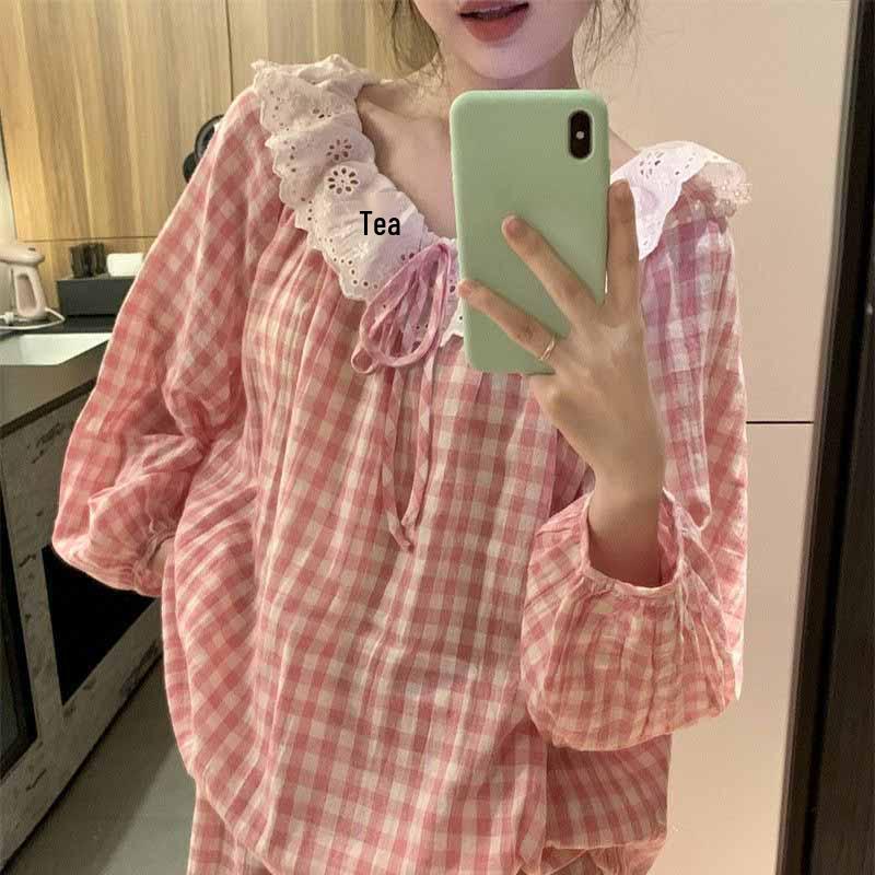 

Комплект женской пижамы в корейском стиле с кружевной отделкой и клетчатым принтом: Комплект с длинным рукавом и брюками на весну/осень XL (125-140 lbs)