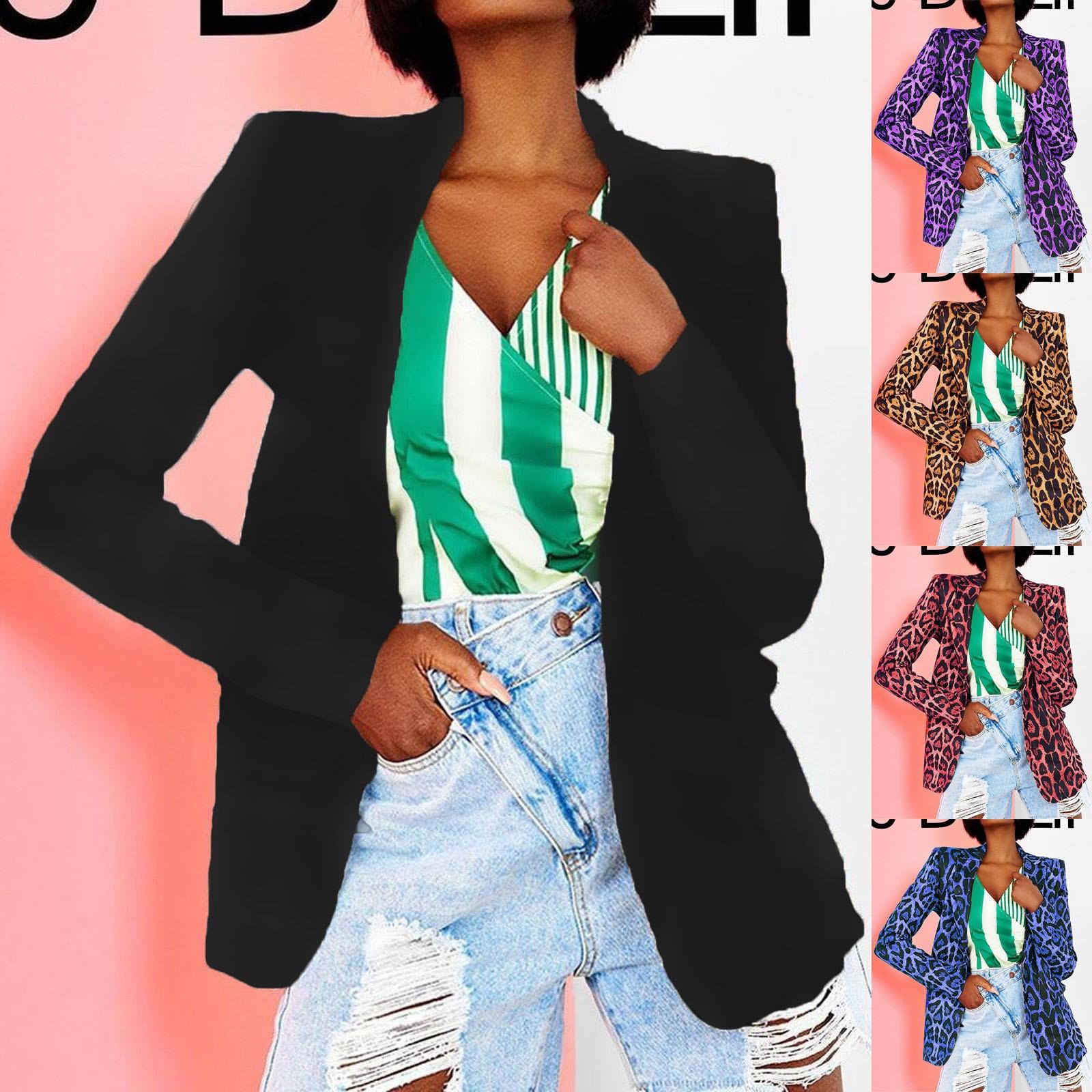 

Women Long Sleeve Suit Casual Leopard Print Short Single Button Jacket Top