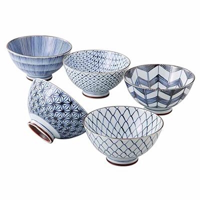Saikai Pottery (Saikaitoki) Arita Ware Seishu Kiln Tea Bowls and Rice Bowls, Approximately 12cm Diameter, 5 Patterns, Antique Dye Design, Tableware Se