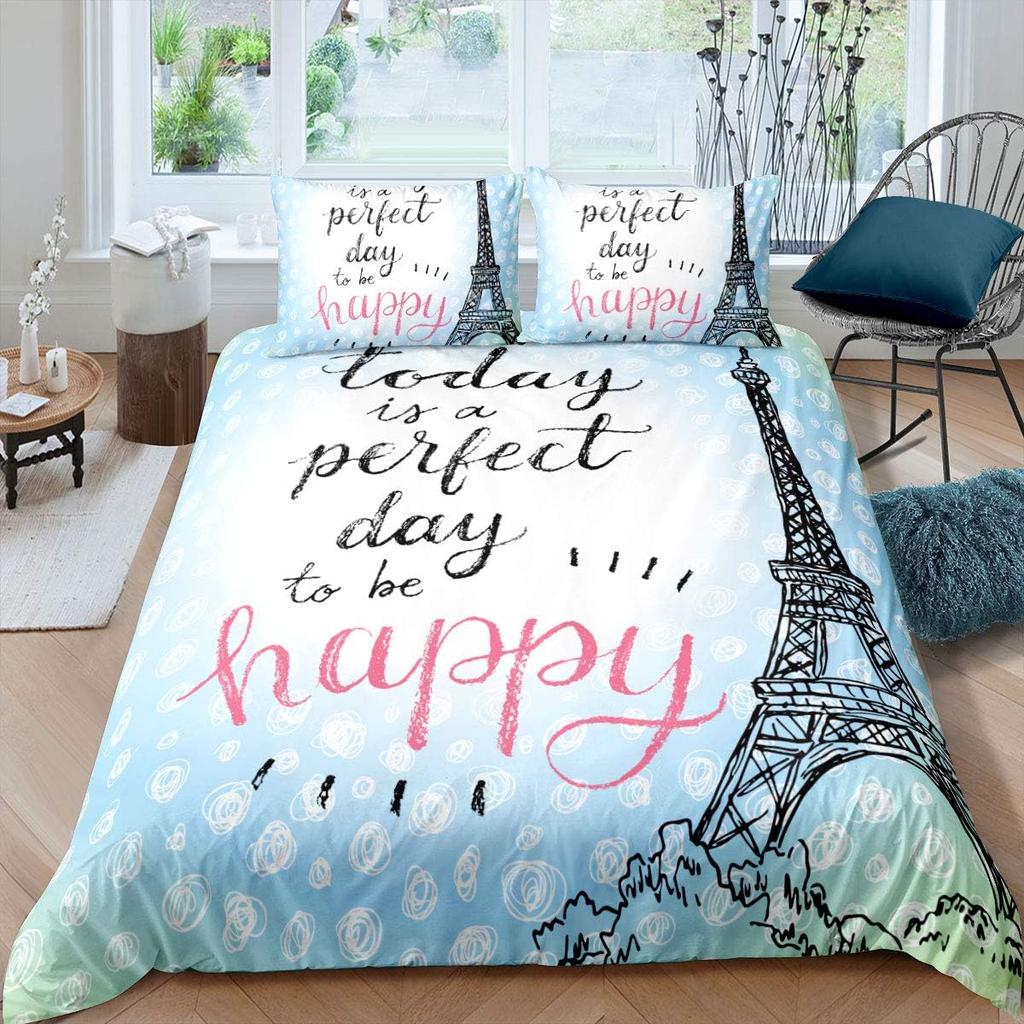 Set Biancheria da Letto Torre Eiffel Matrimoniale per Bambini Ragazze Donne Stampa Floreale Europea 3D Copripiumino Vintage Tematica Coppie Copripiumino