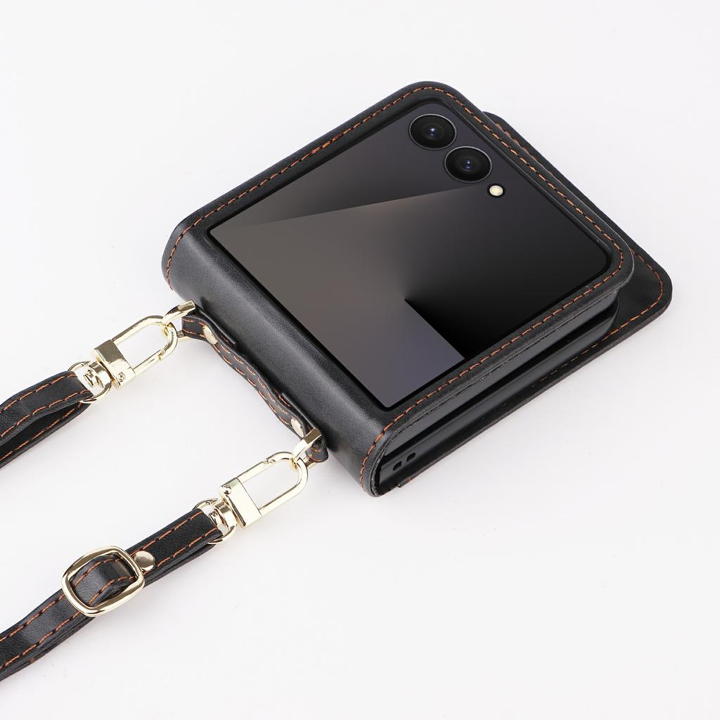 For Samsung Galaxy Z Flip7 5 Case Card Slots Leather Phone Cover with Lanyard