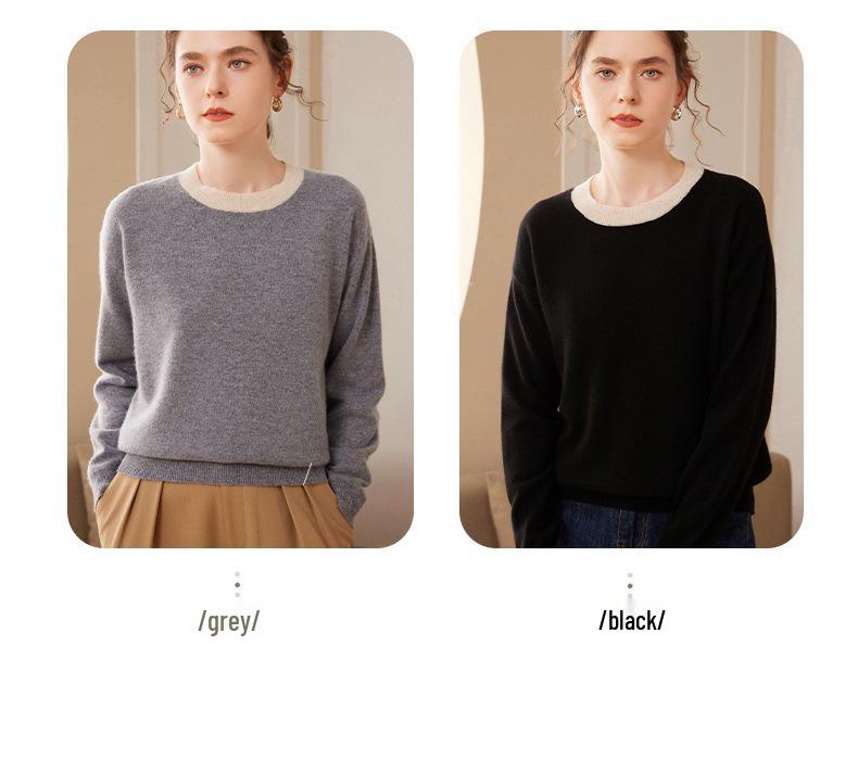 2024 A/W Women's Cashmere Knit Base Layer: Long Sleeve, Round Neck, Color Block, Warm, Comfortable Sweater