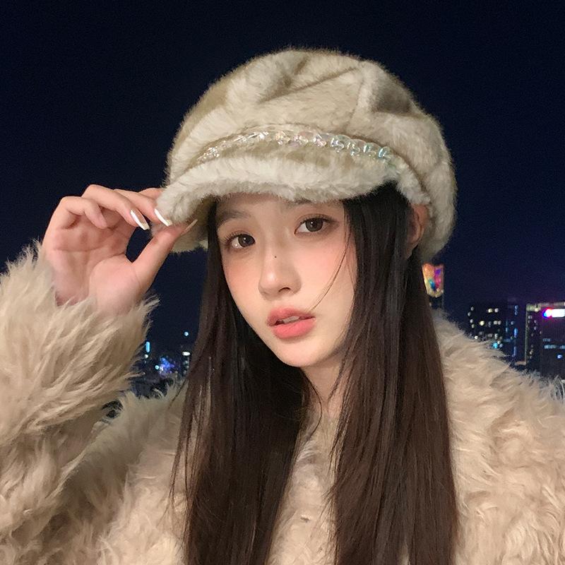 Hat Women's Autumn and Winter Imitation Mink Hair Color Chain Beret Plus Velvet Thickened Windproof and Warm Hat Art Retro Octagonal Hat