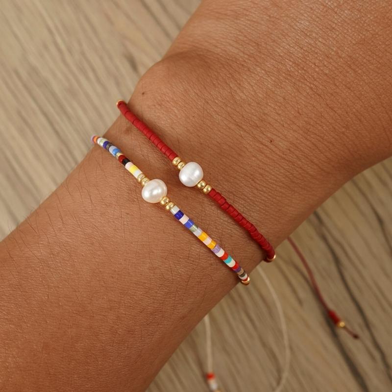 2 Piece Handcrafted Bohemian Pearls Bracelets Adjustable Cord Braided Design Beaded Bangle for Everyday Wear