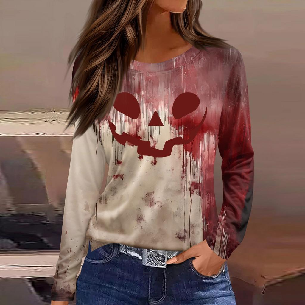 Women's Fashion Casual Slit Hem Round Neck Long Sleeve Loose Halloween Printed T-Shirt Ladies Top