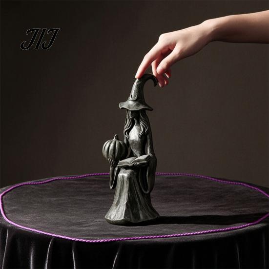 Black Gray Resin Look Sculpture Pumpkin Witch Ornament, Halloween Gothic Style Tabletop Figurine, Retro Lightweight Easy Storage Figurine PLA