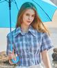 KOLEAT Summer Resort Check Cooling Slim Crop Short Sleeve Shirt [Blue]