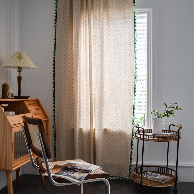 American Style Cotton And Hemp Printing Daisy Kitchen Curtain Green Tassel Semi-shading Study Bedroom Window Finished Curtain