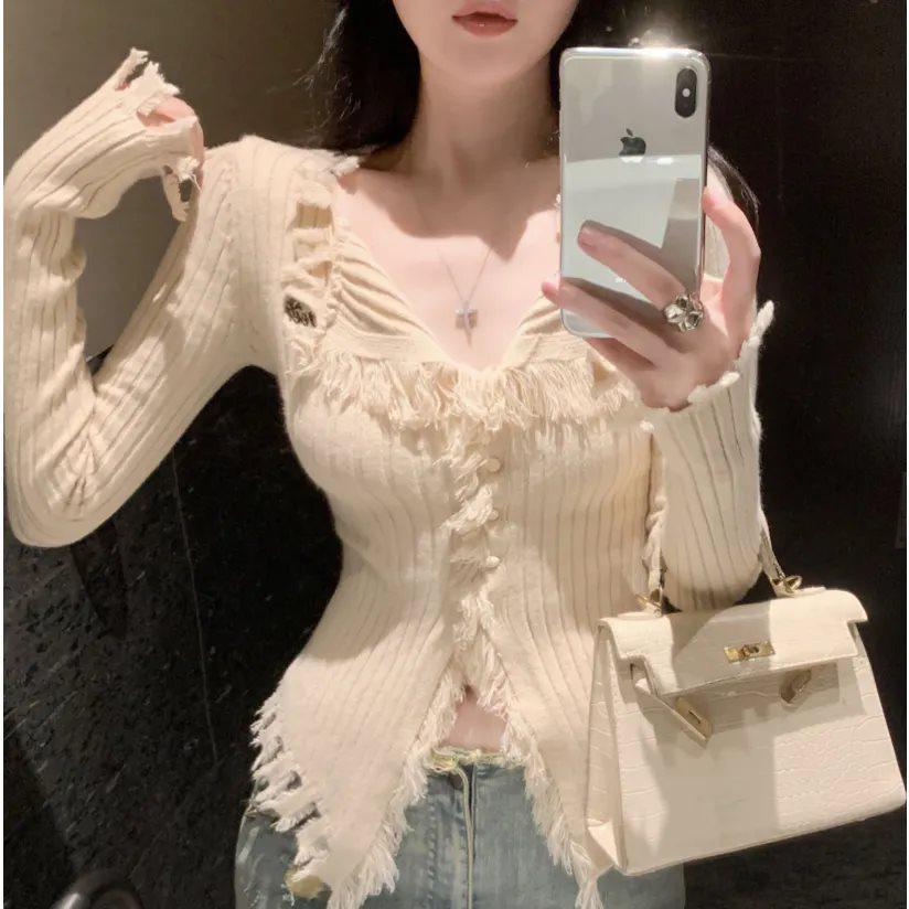 

Frayed Collar Slimming Cardigan Sweater for Women - Chic Autumn/Winter Knitwear S (76-90 jin)