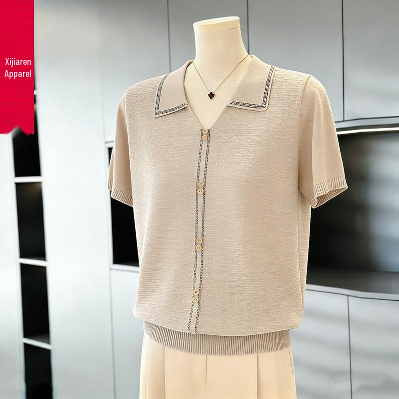 Chic Rhinestone Embellished Short-Sleeve Ice Silk Blouse for Middle-Aged Women - Plus Size Summer Lapel Top