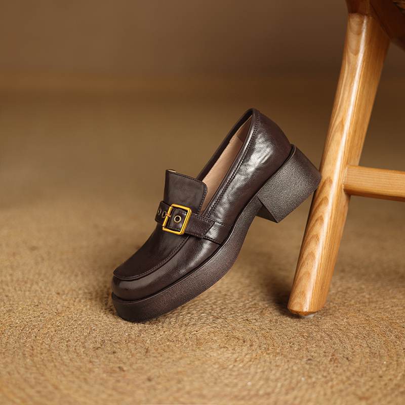 Krazing Pot Cow Skin Autumn Winter Shoes Chunky Heels Size 43 Size 42 Round Toe Slip on Metal Buckle Deep Mouth Pumps