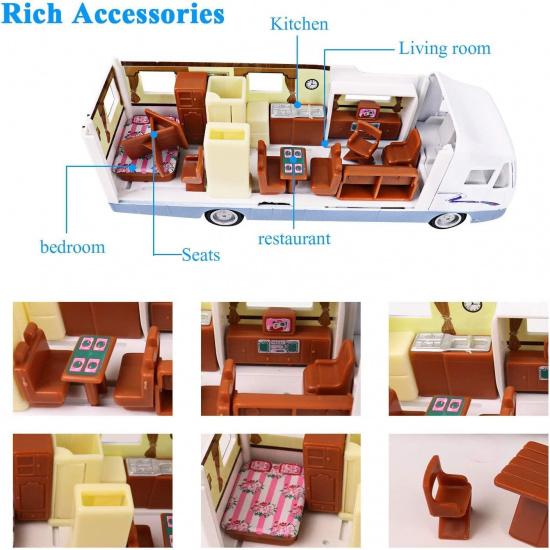 HAPTIME Cool Mini Motorhome Toy Die-cast Car Pullback Recreational Vehicle Pull Back RV with DIY Furnitures Holiday Camper Van Model for Kids